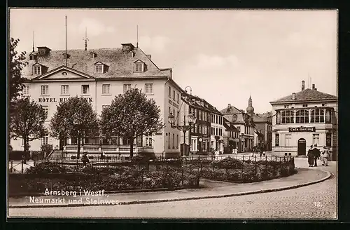 AK Arnsberg i. W., Neumarkt und Steinweg, mit Hotel Husemann und Cafe Gerling