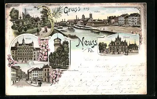 Lithographie Neuss a. Rh., Rathaus, Bahnhof, Wasserturm