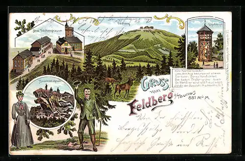 Lithographie Feldberg i. Taunus, Drei Feldberghäuser, Brunhildisfelsen, Lipstempel