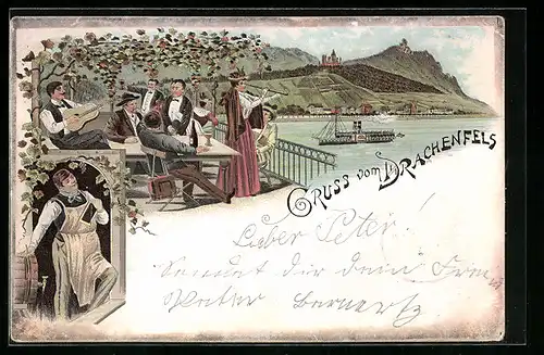 Lithographie Drachenfels, Winzer am Fass stehend, Gesamtansicht mit trinkender Gesellschaft auf einer Terrasse