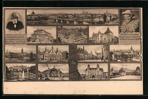 AK Alt-Frankfurt, Stadtansicht und elf Ansichten aus der Stadt sowie Porträts von Lachhannes und Friedrich Stoltze
