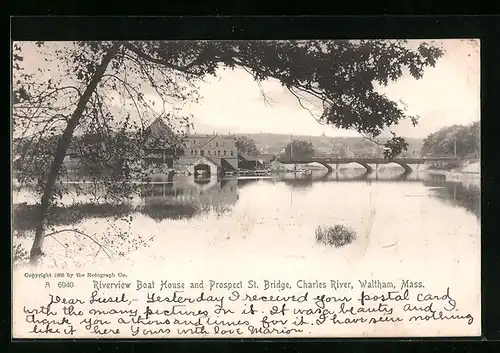 AK Waltham, MA, Riverview Boat House and Prospect St. Bridge, Charles River