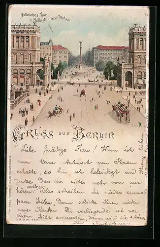 Lithographie Berlin, Hallesches Tor und Belle-Alliance Platz, Halt gegen das Licht mit leuchtenden Fenstern der Gebäude