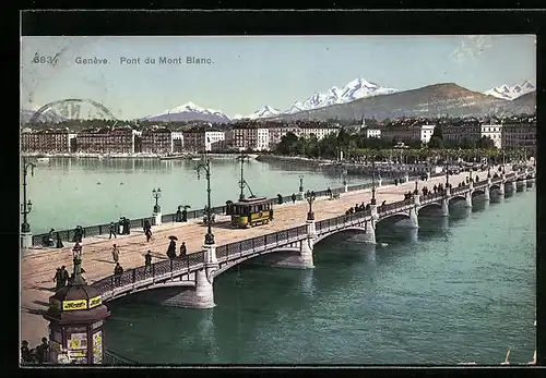 AK Genève, Pont du Mont Blanc, Strassenbahn