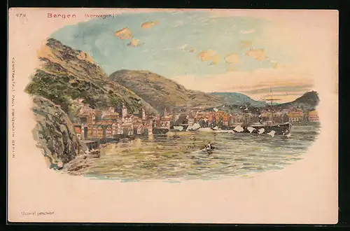 Lithographie Bergen, Gesamtansicht vom Wasser aus