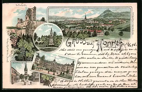 Lithographie Honnef, Gesamtansicht, Kriegerdenkmal, Marktplatz mit Kirche