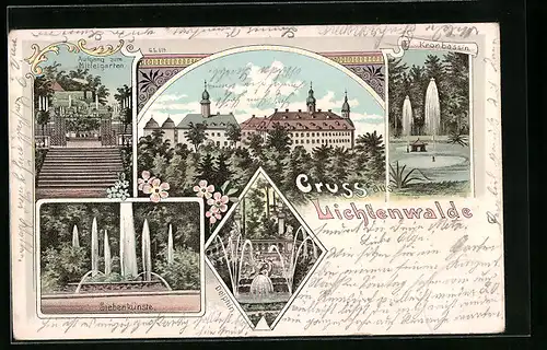 Lithographie Lichtenwalde, Aufgang zum Mittelgarten, Kronbassin, Siebenkünste, Delphin