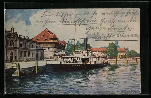 AK Konstanz, Hafen mit Dampfer