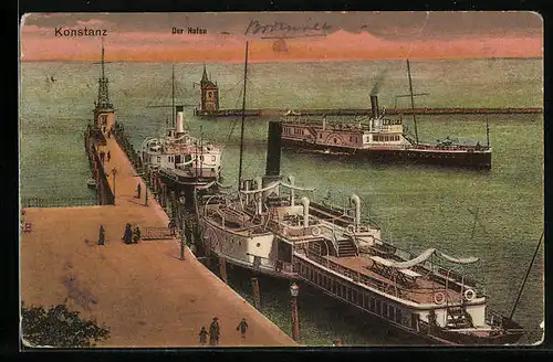 AK Konstanz, Hafen mit Dampfern