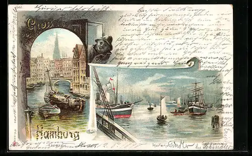 Lithographie Hamburg, Hafenpartie mit Booten, Blick auf Teil der Stadt