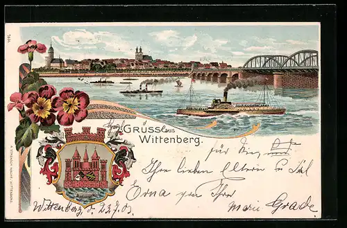 Lithographie Wittenberg, Ortspanorama mit Raddampfer und Brücke, Wappen