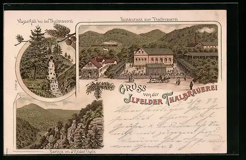 Lithographie Ilfeld, Restaurant zur Thalbrauerei, Wasserfall