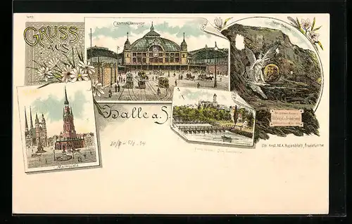 Lithographie Halle /Saale, Centralbahnhof, Marktplatz