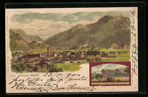 Lithographie Sterzing, Gesamtansicht, Hotel Stoetter Bahnhof