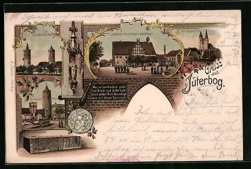 Lithographie Jüterbog, Rathaus mit Kriegerdenkmal, Nicolaikirche, Stadttürme