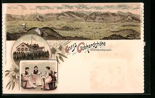 Lithographie Walzenhausen, Gasthaus auf der Gebhardshöhe, Alpen-Panorama