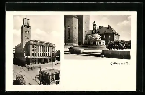 AK Gablonz a. N., Glas- und Gürtlerindustrie, Rathaus und Rüdigerbrunnen, Strassenbahn