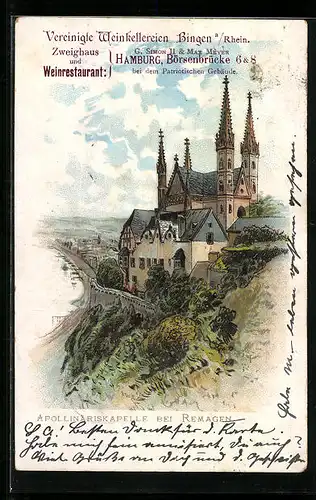 Lithographie Remagen, Blick auf die Apollinariskapelle