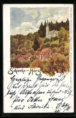 Künstler-AK Carl Biese: Schierke im Harz, Blick hinauf zur Kapelle am Hang