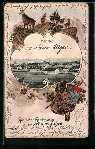 Passepartout-Lithographie Kempten, Teilansicht, Gämse auf einem Berg, Wappen, Neujahrsgruss