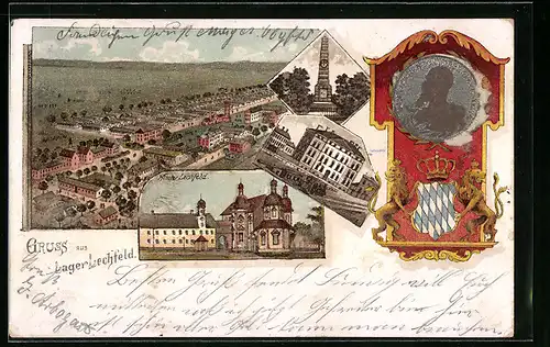 Lithographie Lager Lechfeld, Gesamtansicht aus der Vogelschau, Kloster Lechfeld, Luitpold von Bayern