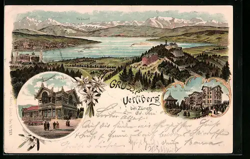 Lithographie Uetliberg bei Zürich, Hotel Uetliberg, Restaurant Uto Kulm, Panorama mit Glärnisch, Tödi und Säntis