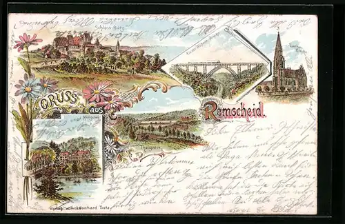 Lithographie Remscheid, Schloss Burg, Kaiser Wilhelm-Brücke, Luther-Kirche