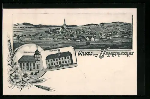 Lithographie Ummerstadt, Stadtkirche, Rathaus, Totalansicht