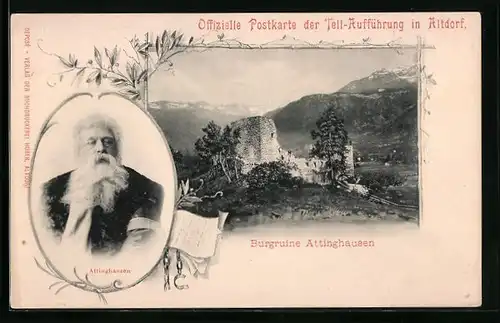 AK Attinghausen, Burgruine, Portrait Attinghausen, Tell-Aufführung in Altdorf