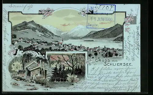 Lithographie Schliersee, Gesamtansicht, Gasthaus Wurzhütte