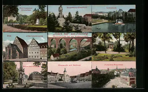 AK Freiberg, Muldenbrücke bei den Hüttenwerken, Kreuzteich, Postplatz