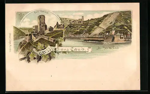 Lithographie Caub, Pfalz vom Wasser gesehen, Ruine Gutenfels