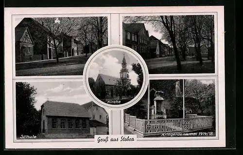 AK Stobra, Kriegerdenkmal, Schule, Strassenpartien, Kirche