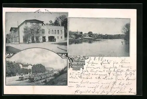 AK Reinfeld in Holstein, Blick auf ein Gasthaus, Bahngleisen