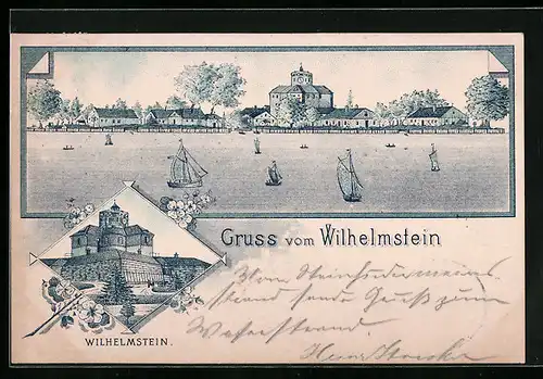 Lithographie Wilhelmstein, Ortspartie mit Booten