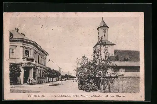 AK Velten i. M., Cafe Thams & Garfs und Kirche Breite-Strasse Ecke Victoria-Strasse