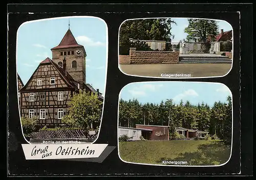 AK Oetisheim, Partie an der Kirche, Kriegerdenkmal, Kindergarten