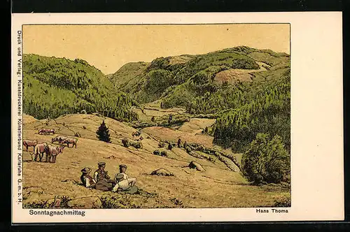 Künstler-AK Hans Thoma: Sonntagnachmittag, Talblick mit Kühen auf der Weide, Bauernjungen liegen im Gras