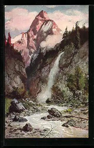 Künstler-AK August Splitgerber: Alpen, am Flussbett unter einem Wasserfall