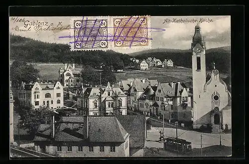 AK Gablonz a. N., Alt-Katholische Kirche mit Strassenbahn