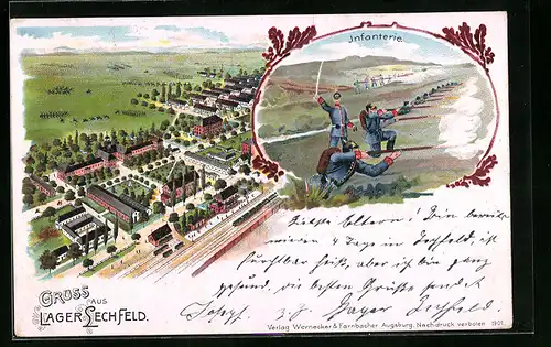 Lithographie Lager-Lechfeld, Baracken-Lager mit Strasse und Bahn von oben gesehen, Feuernde Infanterie