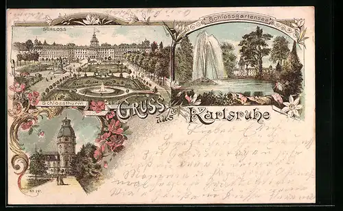 Lithographie Karlsruhe, Schloss, Schlossthurm, Schlossgarten