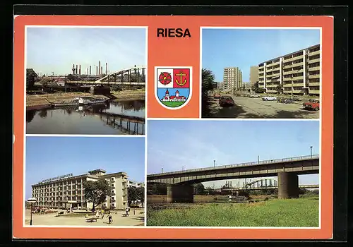 AK Riesa, Neue Elbbrücke, Wappen, Anlegestelle mit Stahl- und Walzwerk, Haus der Stahlwerker