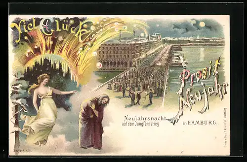 Mondschein-Lithographie Hamburg-Neustadt, Neujahrsnacht auf dem Jungfernstieg, Feuerwerk mit allegorischen Figuren