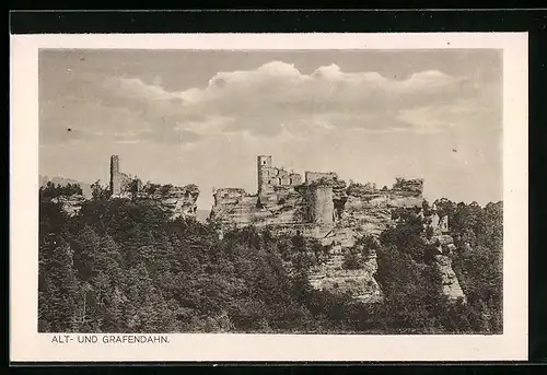 AK Dahn, Blick zu den Ruinen der Burgen Altdahn und Grafendahn