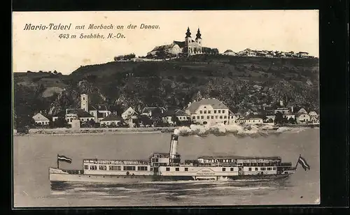 AK Marbach a. d. Donau, Wallfahrtskirche Maria-Taferl, Dampfer auf der Donau