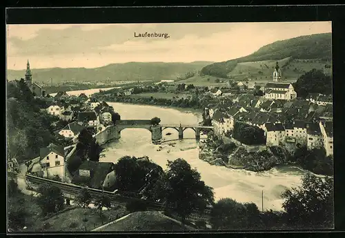 AK Laufenburg, Ortsansicht und Flusspartie mit Brücke aus der Vogelschau