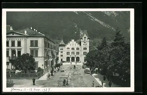 AK Glarus, Bahnhofstrasse mit Hotel Glarnerhof