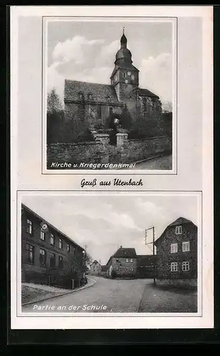 AK Utenbach, Partie an der Schule, Kirche mit Kriegerdenkmal