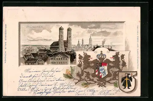 Passepartout-Lithographie München, Teilansicht mit Frauenkirche, Wappen